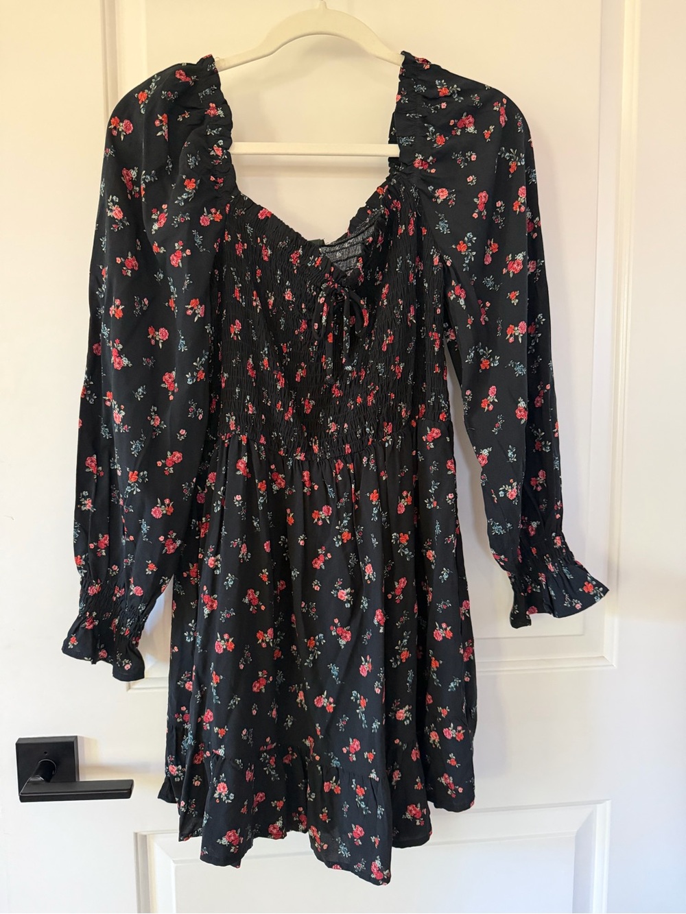 wild fable Black Floral Smocked Dress with Red and Pink Blooms